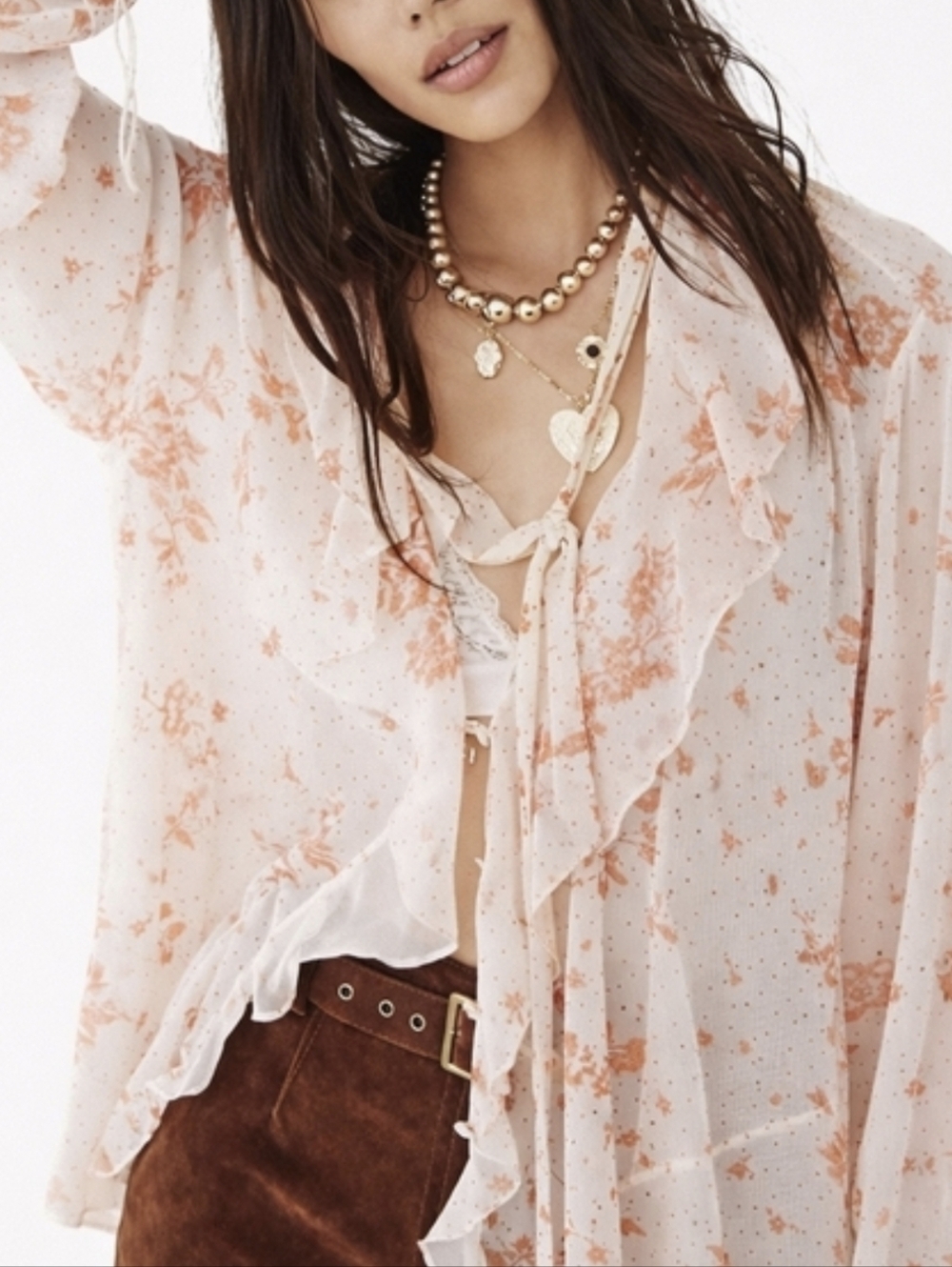 FREE PEOPLE Peach Pink Floral Ruffle Blouse Tie Neck Poets Tunic Sheer Chiffo XS